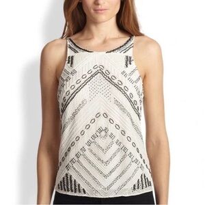 Parker Marcy White Black Beaded High Neck Open Back Cami Tank Top Size Medium